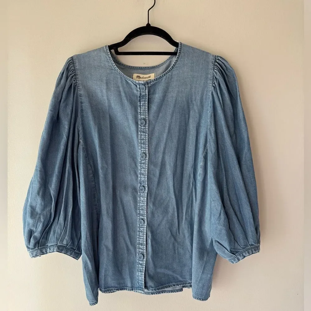 NWT Madewell Denim Puff-Sleeve Button-Up Top Size 12